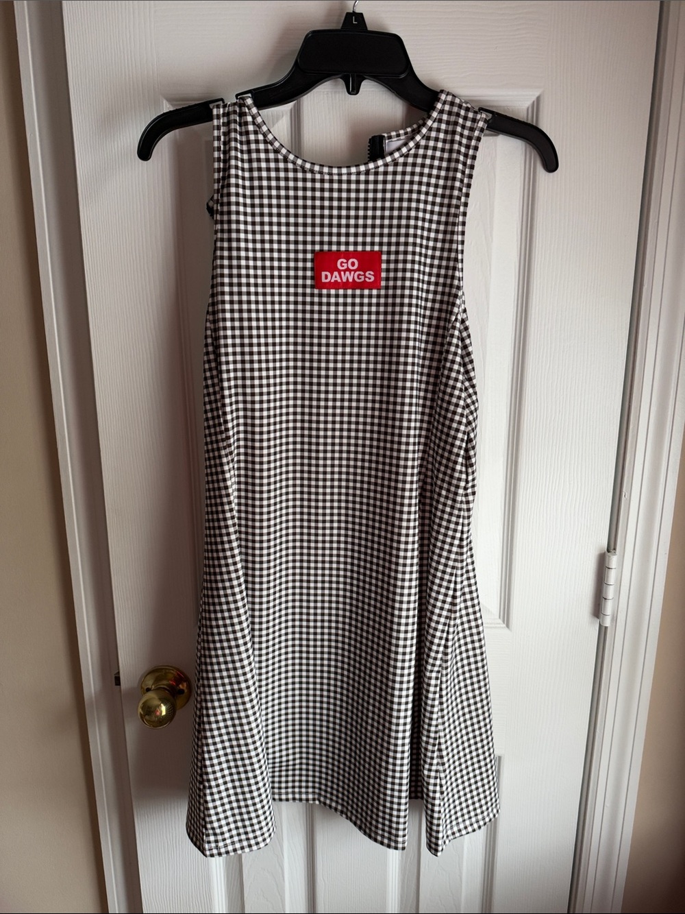 Women’s Black & White Gingham Sleeveless Dress with Red 'Go Dawgs' Patch